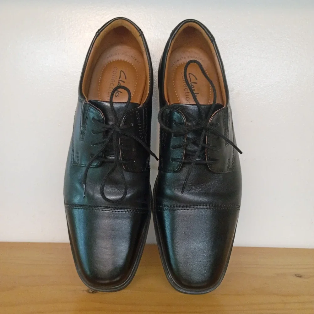 CLARKS Black‎ Tilden Cap Toe Block Heel Leather Oxford Shoes Men's Size 8 M